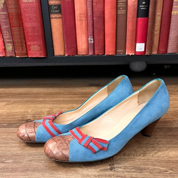 Moneta Blu Anthro Retro Blue Suede Heels Rockabilly 8 - Picture 1 of 15